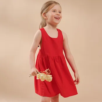 בנות כותנה פשתן ללא שרוולים שמלה 2023 קיץ החדש בסגנון נסיכה ניגוד פרפר הקשר האחורי אלגנטי התינוק חצאית